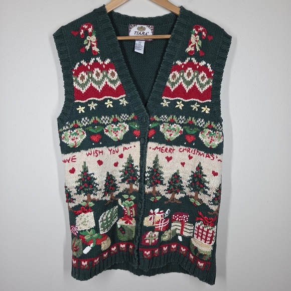 Vtg Tiara International Christmas Ugly Sweater Vest Embroidered Knit 14 16 Y2K - Picture 1 of 13